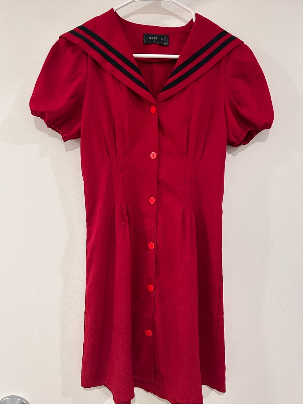Red Sailor Collar Puff Sleeve Dress